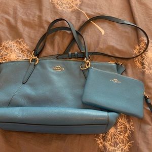 Coach blue leather crossbody and wristlet